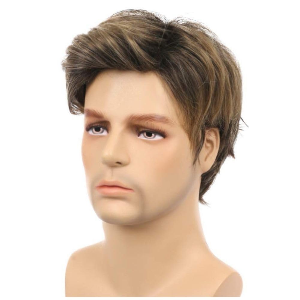 Salaibs Mens Brown Short Wig Side Part Natural Looking Hair Wigs Synthetic Fiber Daily Wig, Brown Blonde - Image 4
