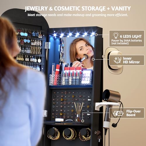 Image of Vlsrka 360 Swivel Jewelry Cabinet with Wavy Full-Length Mirror, Black | Lockable Jewelry Armoire with Mirror, Interior LED Makeup Mirror, Foldable Shelf, 3 Rear Shelves, Hanging Rods, Dryer Holder