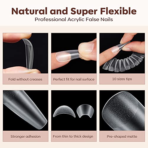 Image of Modelones Long Coffin Nail Tips Fake Nails Gel Tips Full Matte Cover More Friction for Acrylic Professional Extension Gel Manicure Art Design 10 Sizes