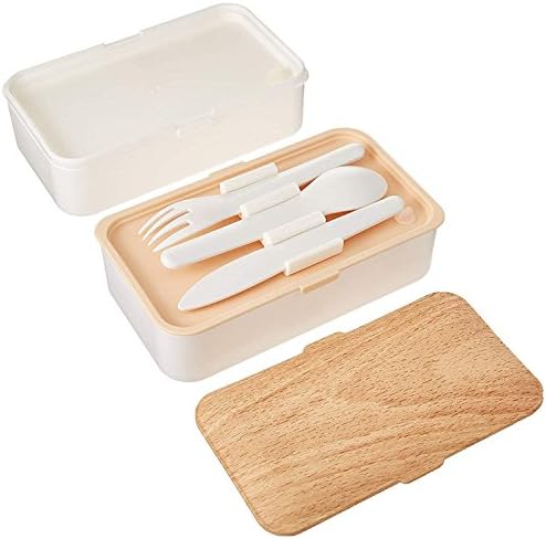 PuTwo Leakproof Bento Box 2 Tiers Bento Lunch Box Lunch Boxes with Reusable Cutlery Japanese Style for Microwave Freezer Dishwasher Bento Boxes for Kids Adults Work School - Bamboo White