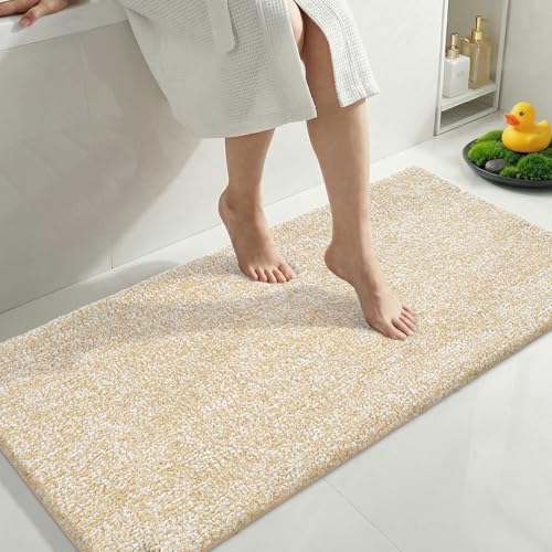 Yimobra Non Slip Machine Washable Bathroom Rug 47x24 Light Beige and White