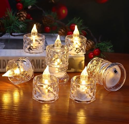VRB Dec™ 12 pcs Acrylic Flameless & Smokeless Decorative Candles Led Tea Light Candle Perfect for Gifting, Birthday, Diwali, Christmas,Decorative Candles,Balcony, Birthday (Crystal tealight - 12 Pcs)