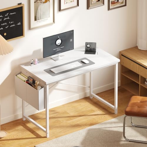 Image of OLIXIS Computer Desk, 44 Inch Gaming Desks for Home Office Small Spaces | Writing Study Craft Work Table, Computer Workstation for Bedroom with Storage Bag, All White
