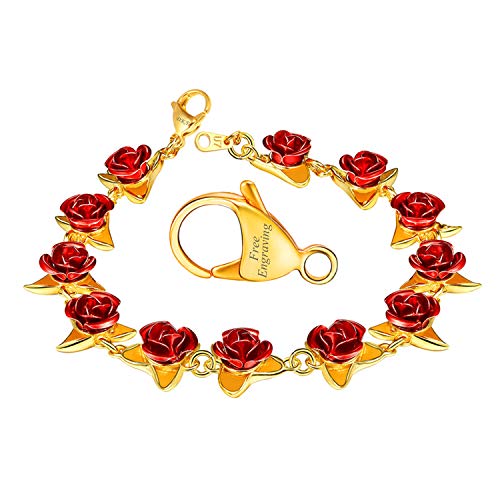 U7 Women 18K Gold Link Charm Bracelet Customized Engraved Chain Red Rose Charm