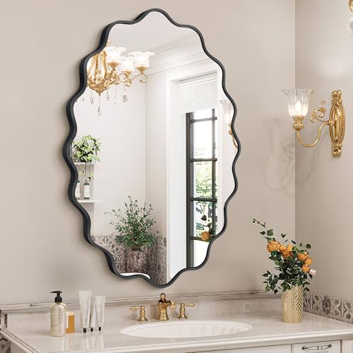 Image of Oval Wavy Wall Mirror -Irregular Wall Mirror with Black Asymmetrical Aluminum Alloy Frame,24 inchx36 inch Decorative Wall Mirrors for Bathroom, Bedroom, Living Room, Dining Room，Entryway