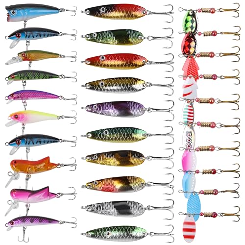Fishing Lures Spinner Baits,30pcs Spoon Fishing Lures Metal Spinnerbaits Hard Baits Kit Trout Lures Fishing Spinners Spinnerbaits for Bass Trout Salmon Walleye Saltwater Freshwater