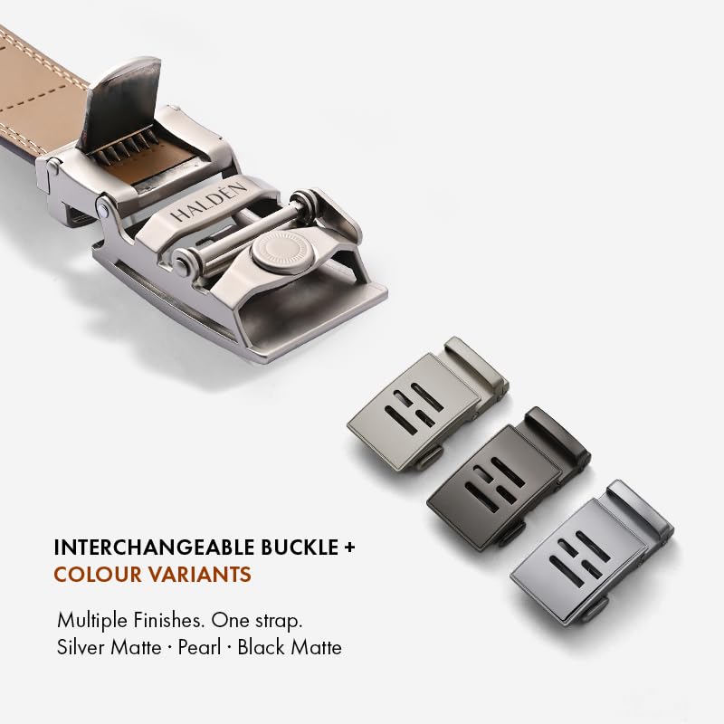 Image of HALDEN THEO Belt For Men Leather Original (Adjustable Fits Up to 44 Inch Waist) Ratchet Straps, Unique Magnetic Auto-lock Buckle Adjustable Belt For Men