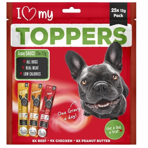 Dog Gravy Food Toppers (25 Pack) Mixed Variety Gravy Sauce Toppers for Dogs - Peanut Butter Beef and Chicken 12g Each Real Meat Low Calorie