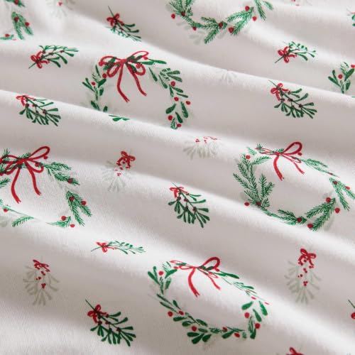 Image of Martha Stewart - Flannel Sheets Full Size, Anti-Pilling & Wrinkle Resistant Cotton, Touchably Soft for All-Season Comfort - Matching Pillowcases & Fitted Sheet (Wreaths & Mistletoe Green)
