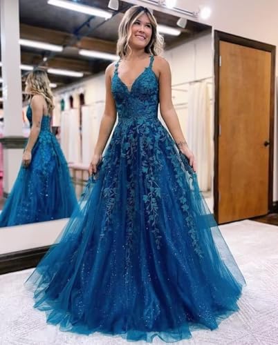 YMSHA V Neck Tulle Prom Dresses 2025 Long Sparkly Lace Formal Party Dress YMS232