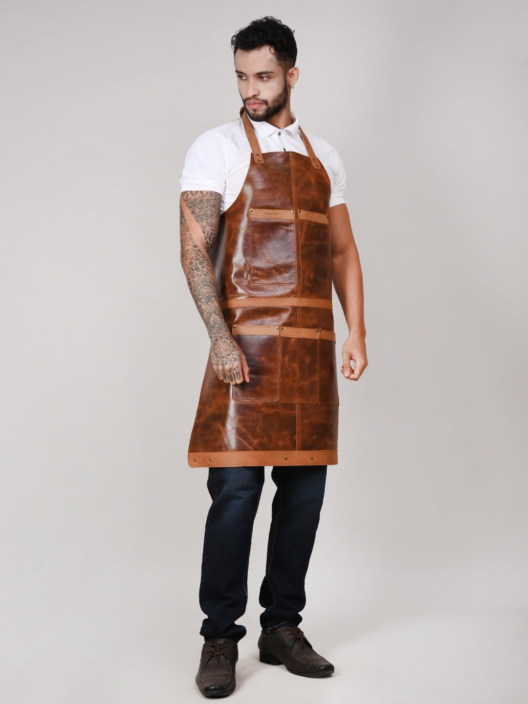 RABADA Leather Apron with Tool Pocket, Heavy Duty Apron, Woodworkers Apron, Mechanics Apron, Blacksmiths Apron, Carpenter Apron, Heat and flame resistance apron,, STANDERD, Brown020