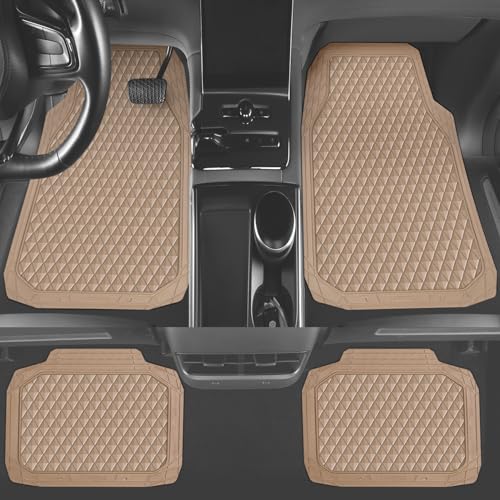 CAR PASS Beige Rubber Car Mats, All-Weather Floor Mats Full Set Durable Anti-Slip 3D Rhombus Waterproof Automotive Pad Trim to Fit Liner Universal Fit for Sedan SUV Truck Van, 4 Pcs All Beige Rubber - Thumbnail 4