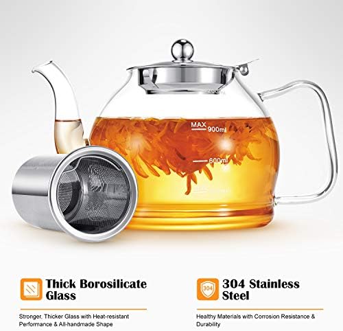 STNTUS szklany czajniczek z zaparzaczem 1200 ml, dzbanek do herbaty borokrzemowej z sitkiem ze stali nierdzewnej, do herbaty sypkiej, czajniczek na 4-6 filiżanek