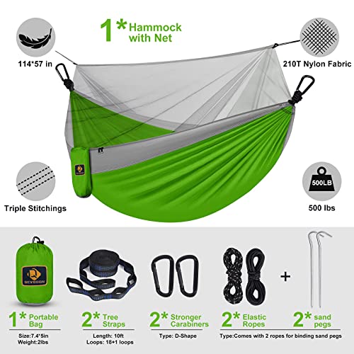 Image of Camping Hammock with Net,Travel Portable Lightweight Hammocks with Tree Straps and Solid D-Shape Carabiners,Parachute Nylon Hammock for Outsides Backpacking Beach Backyard Patio Hiking