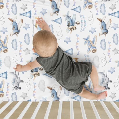 Image of Vintage Planes Airplanes Helicopters Baby Crib Sheets Boy Girl 28 inchx52 inch Retro Stars Plane Clouds Sky Soft Stretchy Fitted Crib Mattress Cover Baby Sheet for Standard Crib & Toddler Mattress Pad