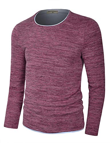 Derminpro Men's Crew Neck Pullover Cotton Knitted Long Sleeve Casual Contrast Sweater Heather Red X-Large