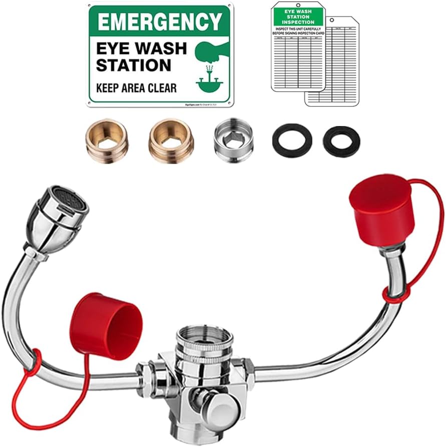 TidyFriend Eye Wash Kit - Emergency Eye Wash Station - 360° Rotatable U Shaped Eyewash Station, Chrome Plated Copper with Safety Sign - 11.4 L/min High Flow for Lab, Hospital & Industrial Safety