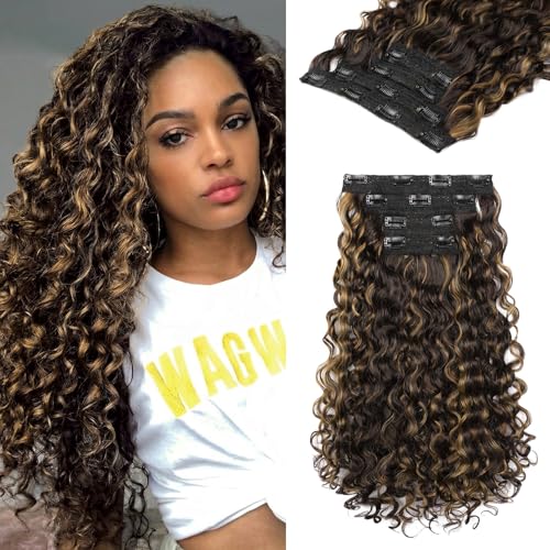 REECHO Curly Hair Extensions - 4PCS 18" GoGo Curly Clip 100% Super Protein Hairpieces with Invisible Lace Weft Silky Soft Natural Look for Women - Dark Brown with Highlights