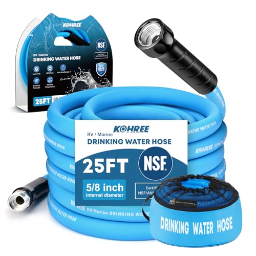 Kohree NSF 372 Certified 25-ft Drinking Water Hose 5/8 Premium RV Water Hose with Storage Bag Heavy-Duty Machined Fittings Leak Free No Kinks Potable Water Hose for RV Camper Garden - Blue