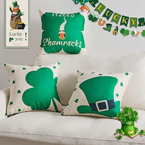 Topfinel St Patricks Day Decorations 18X18 Inches Linen Throw Pillow Covers Set Of 4, Green Clover Shamrocks Lucky Blessed Gnome Top Hat Cushion Cases For Couch Sofa Bed St Patricks Day Home Decor #TOP5