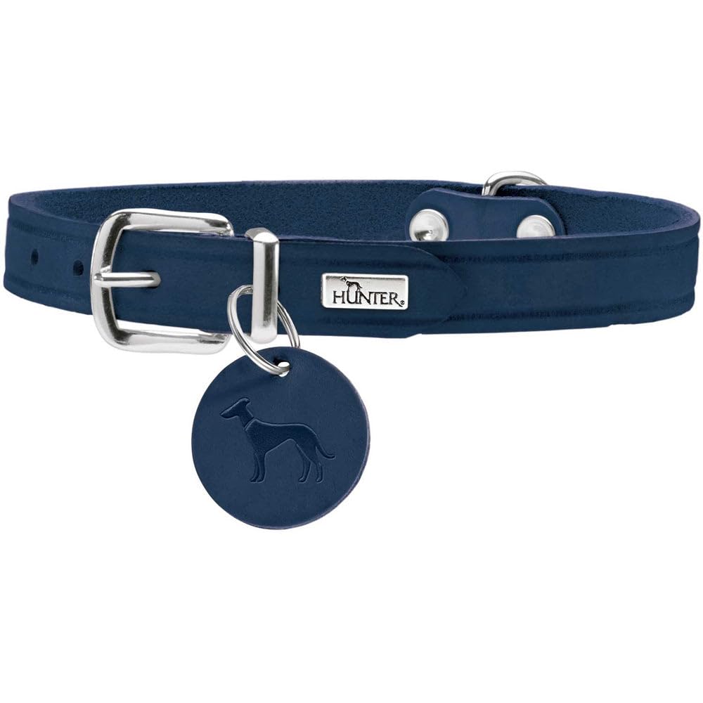 HUNTER AALBORG Dog Collar, Colour: Dark Blue, Robust and Durable Leather, Strong Greasing, Ideal for Dog Sports and Everyday Life, with Leather Pendant, Made in Germany, Size: 42