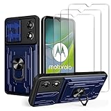 KZIOACSH Coque Motorola Moto e13 avec 3 Verre Trempé,Heavy Duty Antichoc Bumper Housse,Couvercle de caméra à glissière+360°degrés Béquille à Bague de Rotation,Bleu