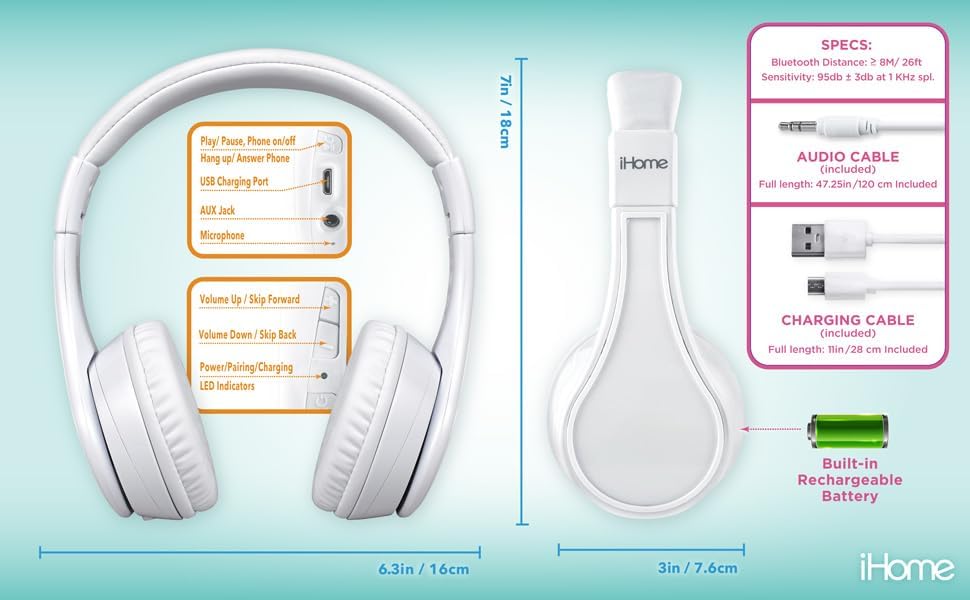 Diagram of eKids iH-B52 headphone controls, ports, and dimensions