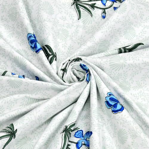 Image of BLOCKS OF INDIA 100% Cotton Dohar King Size Reversible Hand Block Printed Malmal Summer Dohar /Blanket (Blue Green Flower)