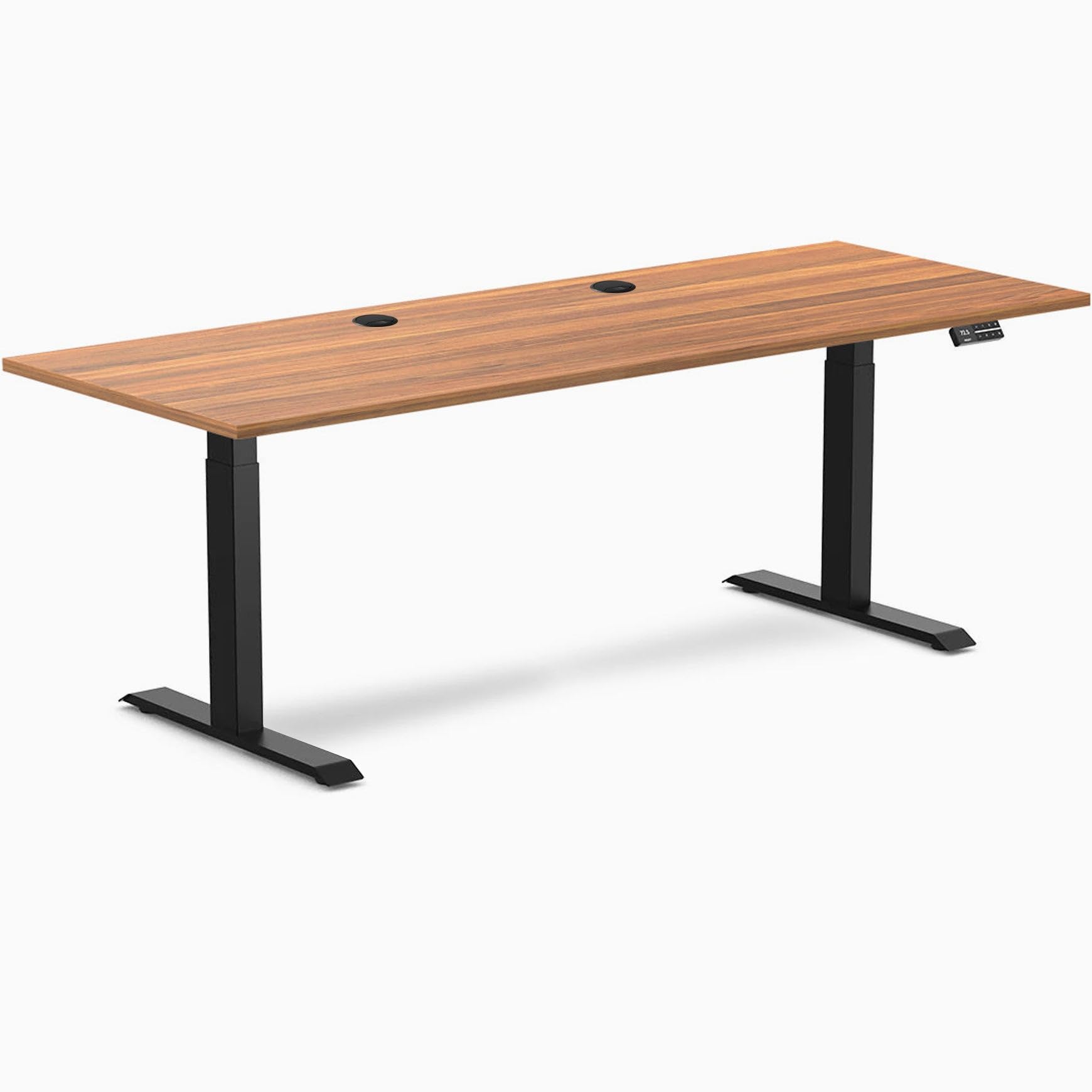 Desky Dual Laminate Sit Stand Desk Prime Oak 78.7" Grommets Matte Black