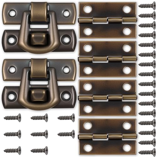 6 PCS Antique Bronze Latch and Hinges with Matching Screws Set Hinge 0.94x0.67inch Latch 1.22x0.87inch Small Hinges for Jewelry Box for Crafts Cabinet Jewelry Boxes Wooden Case Decorative Box Hinge