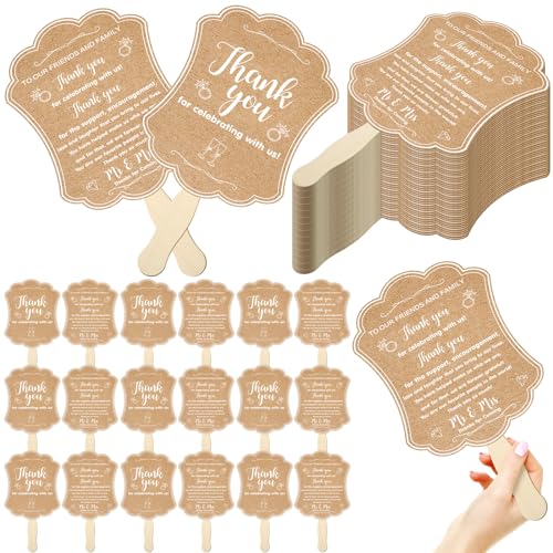 DoubleFill 50 Pcs Hand Held Wedding Fans for Guests Wedding Hand Fan Bulk Kraft Paper Fans for Wedding Thank You Handheld Wedding Favors Fans with Wooden Handle for Ceremony Bridal Shower Party