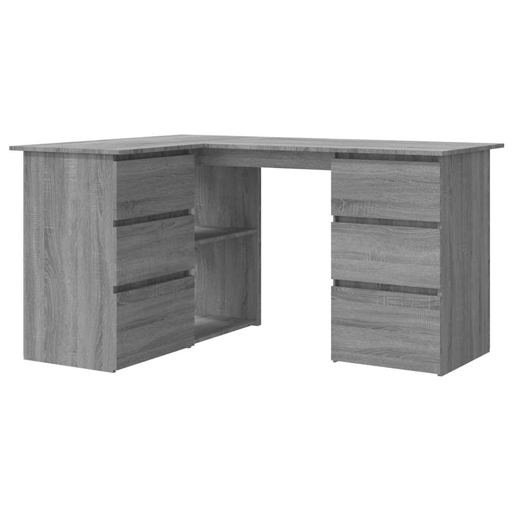 GKHPYURE Eckschreibtisch Sonoma grau 145 x 100 x 76 cm Holz mehrschichtig | Zwei offene Fächer, zwei mit Türen, vier Schubladen, Montageanleitung im Lieferumfang enthalten, ideal für kleine Büros