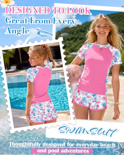 Image of Xaatren Girls 2 Piece Rash Guard Swimsuit | Quick Dry Bathing Suits, Short Sleeve Floral Beach Swimwear, Summer Tee and Boyshort Sets, Protection, Hawaiian, 7-16 Year