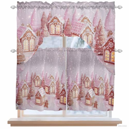 Pink Christmas Candy Swag Kitchen Curtains Valance and Tiers Set