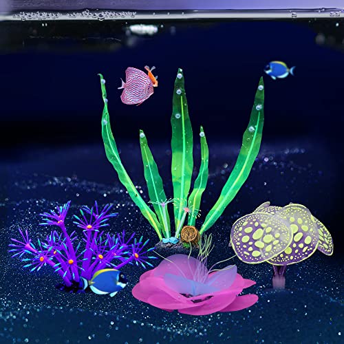 Image of Lpraer 4 Pack Glow Aquarium Decorations Coral Kelp Anemone Lotus Coral Simulation Glow Plant Glowing Effect Silicone for Fish Tank Decorations