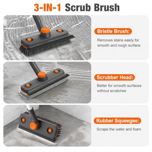 Image of 4 in 1 Long Handle Bathroom Floor Cleaning Brush with Wiper 360 Rotating Brush with 3 Interchangeable Heads - Hard Bristle Brush, Scouring Pad & Microfiber Mop for Bathroom, Kitchen, Tiles & Walls