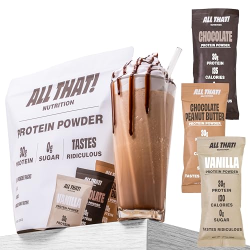 Image of ALL THAT! NUTRITION Protein Powder Variety Pack (9), 30G Whey Protein Stick Packs, Vanilla, Chocolate & Chocolate Peanut Butter, Low Calorie, 0g Sugar, Gluten-Free & Soy-Free, 9 Stick Packs