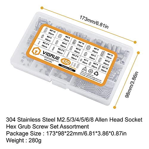 Vigrue 450Pcs M2.5/M3/M4/M5/M6/M8 Hex Allen Head Socket Set Screw Bolts Assortment Kit Grub Screw With Internal Hex Drive, 304 Stainless Steel #TOP5