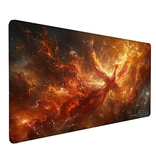 Tapis de souris XXL 150x80cm PhéNix rouge avec bords cousus pour bureau de gamer PC