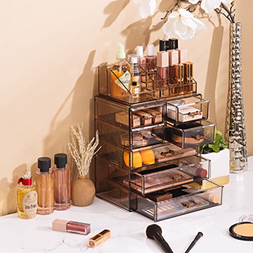 Sorbus Clear Cosmetic Makeup Organizer - Make Up & Jewelry Storage, Case & Display - Spacious Design - Great Holder For Dresser, Bathroom, Vanity & Countertop (3 Large, 4 Small Drawers - Bronze Glow) #TOP4