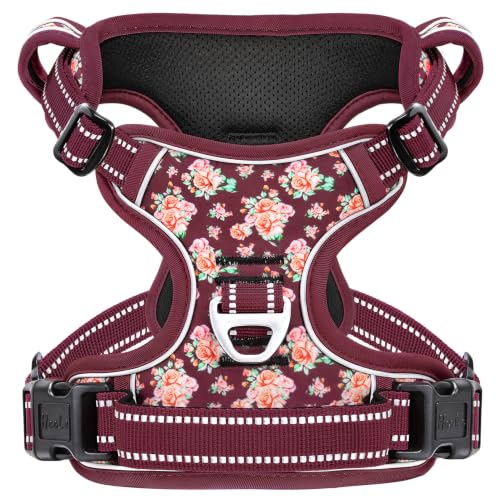 Image of HEELE Dog Harness, Reflective, No Pull No Choke, Flower Burgundy, S | Front Clip for Small Dog Harness, 2 Metal Rings with Handle, Adjustable, Soft Breathable Padded Pet Vest for Night Walking