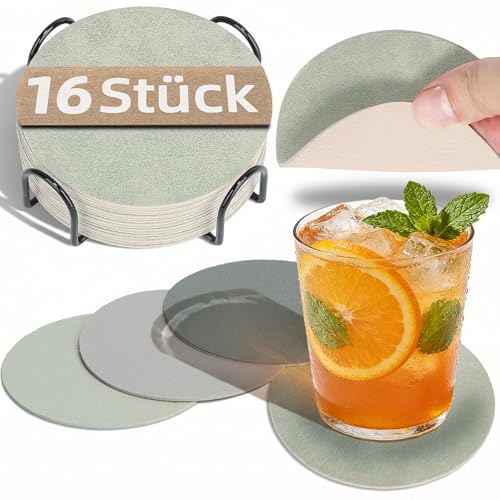 HELI MIAO 16 Stück Untersetzer Gläser Doppelseitige Glasuntersetzer aus Kunstleder -Rund rutschfest & hitzebeständig -Inkl.Aufbewahrungsständer(10cm Hellgrün+beige) -Für Tisch Bar Outdoor