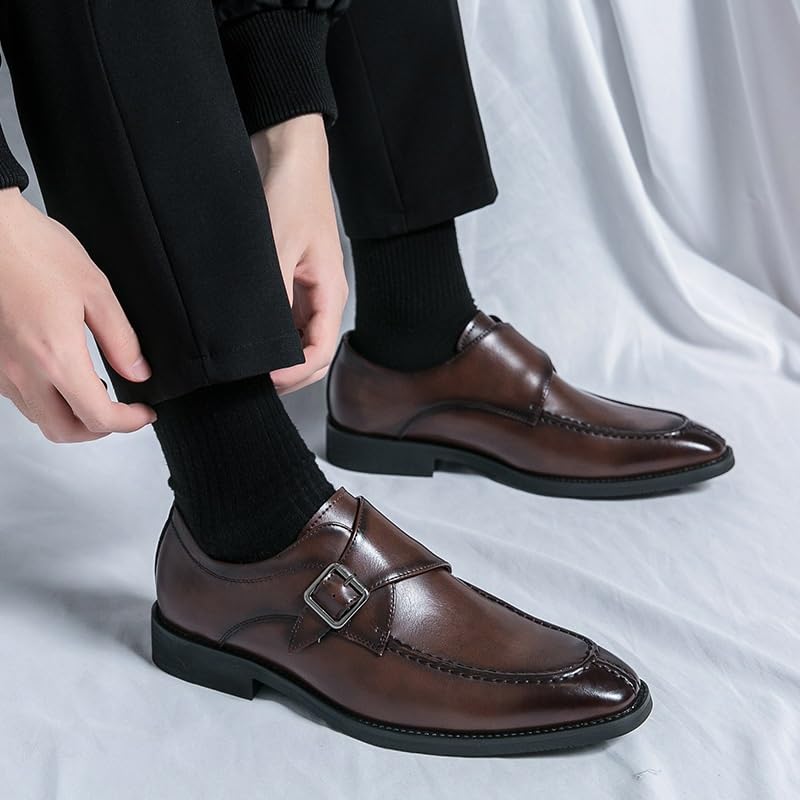Dress Formal Monk Shoes for Men's Business Working Office Anti-Slip Non Slip Rubber Sole Block Heel Low Top Shoe Plain Toe Slip On Pu Leather Classic2