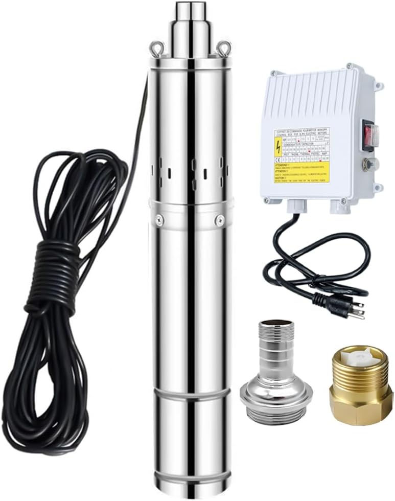 3" Deep Well Submersible Pump, 1HP 110V Deep Well Pump with Control Box,Submersible Water Pump for Industrial Irrigation and Home,33FT Power Cord, 380FT Lift, 10GPM, Screw Water Pump with Check Valve