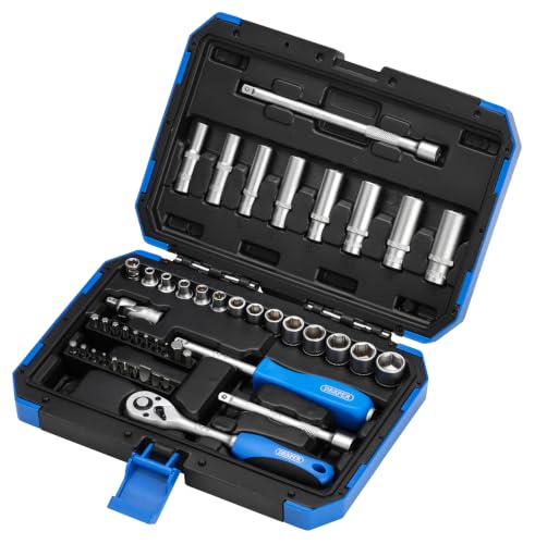 Draper 1/4' 47 Piece Square Drive Metric Socket Set | Micrometre Reversible Hand Tool |Soft Grip Ratchet | 21 Metrics Sockets Mechanics Car Tools | Professional Plastic Storage Case | 16355