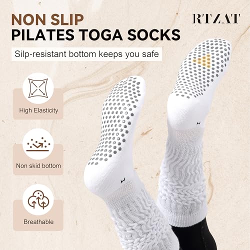 RTZAT 3 Pack Pilates Grip Socks for Women – Non Slip Yoga Socks with Dense Silicone Dots, Slouch Knee High Sticky Barre Socks, Cotton Anti Skid Studio Socks Cream+Khaki+Whit M — view 3
