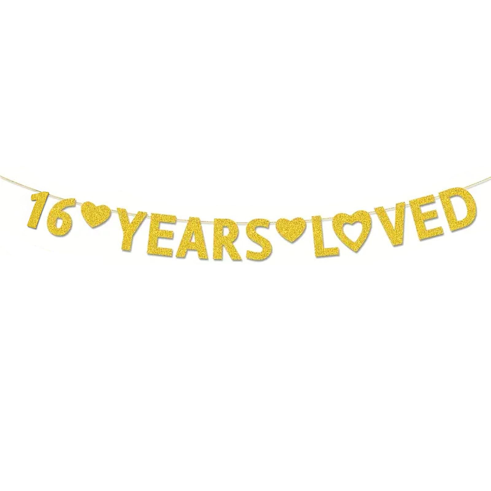 16th Birthday Banner Gold Glitter - 16 Years Loved Hanging Decorations for Sweet 16 Party - Reusable 2m Long Banner with Hearts Design