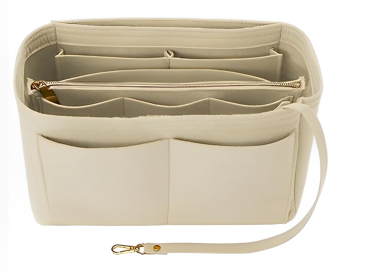 OUYooFelt Handbag Organizer Insert with Zippered Inner Compartment - Large Capacity Multi-Pocket Bag Insert for Women's Purse, Mom's Travel Toiletry Bag and Cosmetic Bag (Small, Beige)