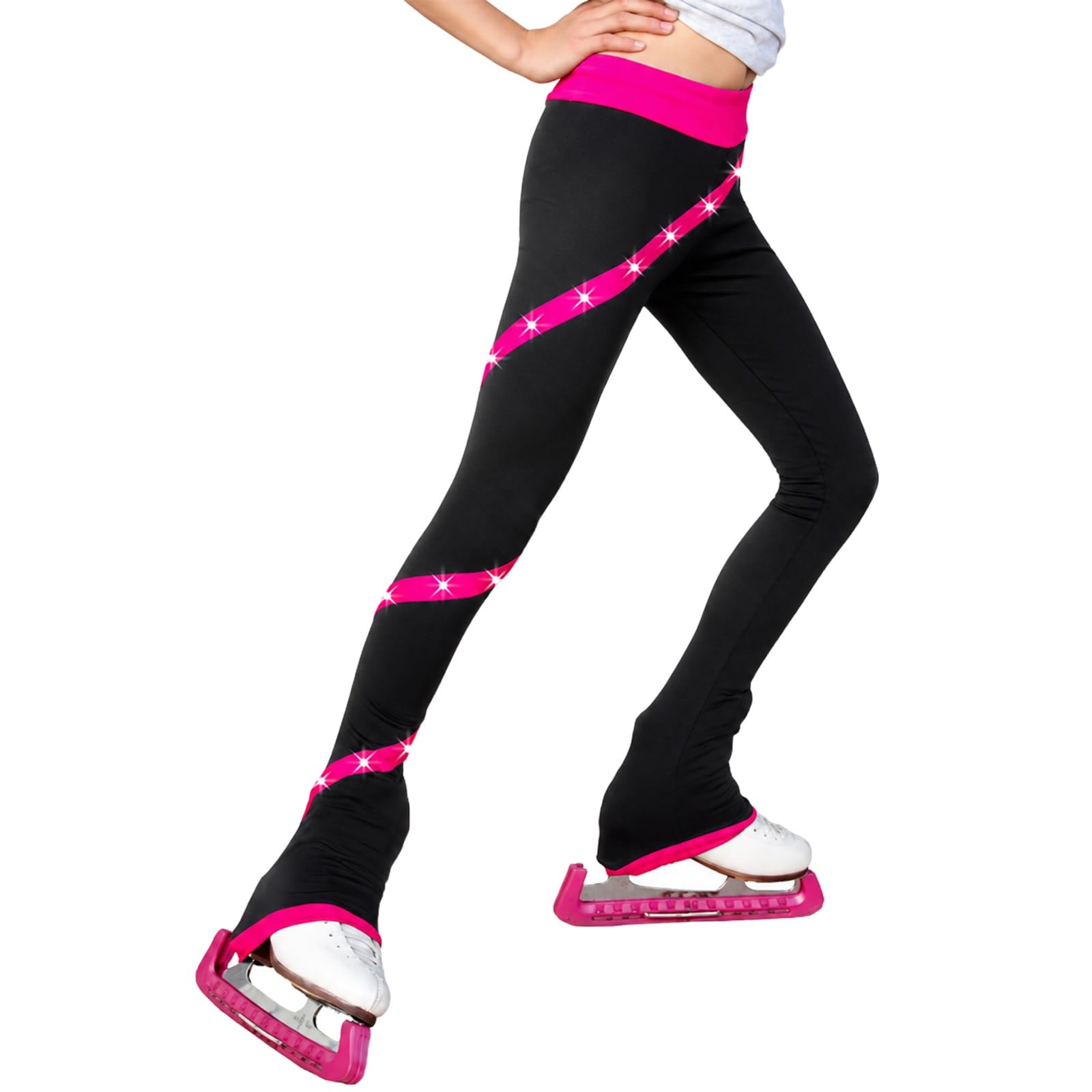 Pantaloni Pattinaggio Donna Teen Strass Spirale Bootcut | Tessuto elasticizzato, vita stabile e fondo sopra pattino aiutano movimenti fluidi in pista, prova e studio.
