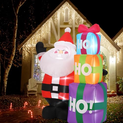 6FT Christmas Inflatable Outdoor Decorations, Cute Santa with Gift Box, Blow Up Xmas Yard Decoration for Holiday Home Party Garden Lawn Decor, Indoor Outdoor Use, Easy Installation
